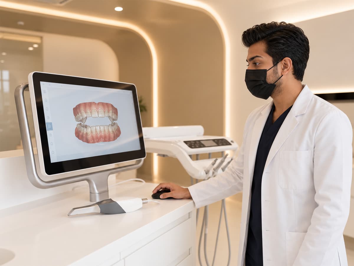 Doctor explaining clear aligners treatment case and aligner trays to patient at Beverly Hills Clinic