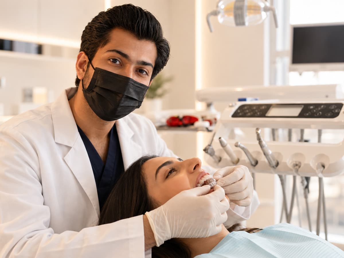 Smiling patient enjoying a beautiful, confident smile in luxury clinic environment at Beverly Hills Clinic DHA